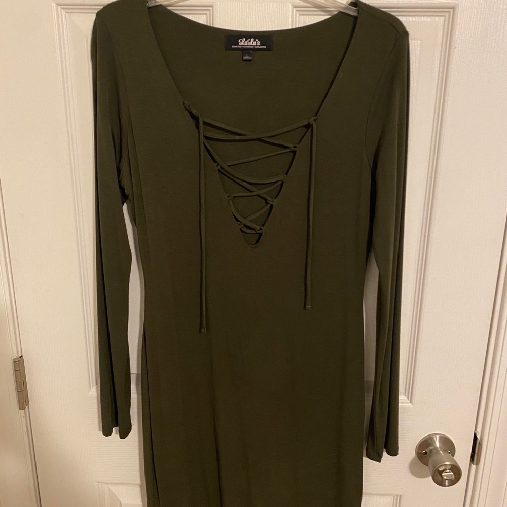 Olive Green Bodycon Lace-up Dress